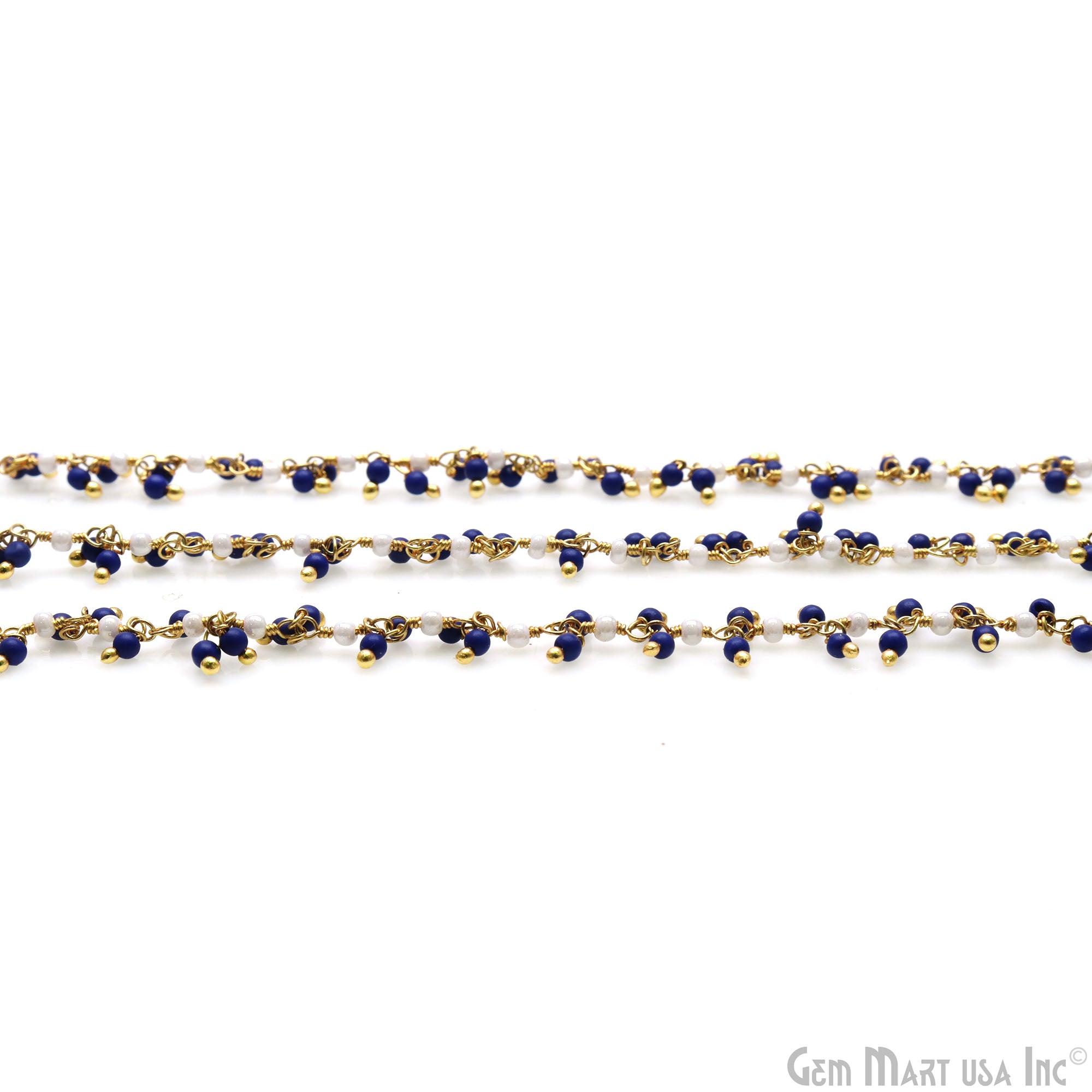 Lapis & Pearl Faceted Beads 2-2.5mm Gold Wire Wrapped Cluster Rosary Chain