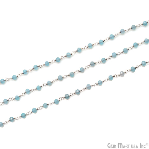 Aqua Chalcedony Faceted 3-3.5mm Silver Plated Beaded Wire Wrapped Rosary Chain
