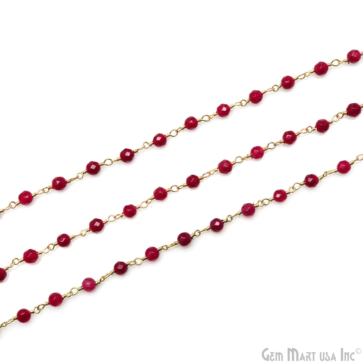 Ruby Chalcedony 4mm Faceted Beads Gold Wire Wrapped Rosary