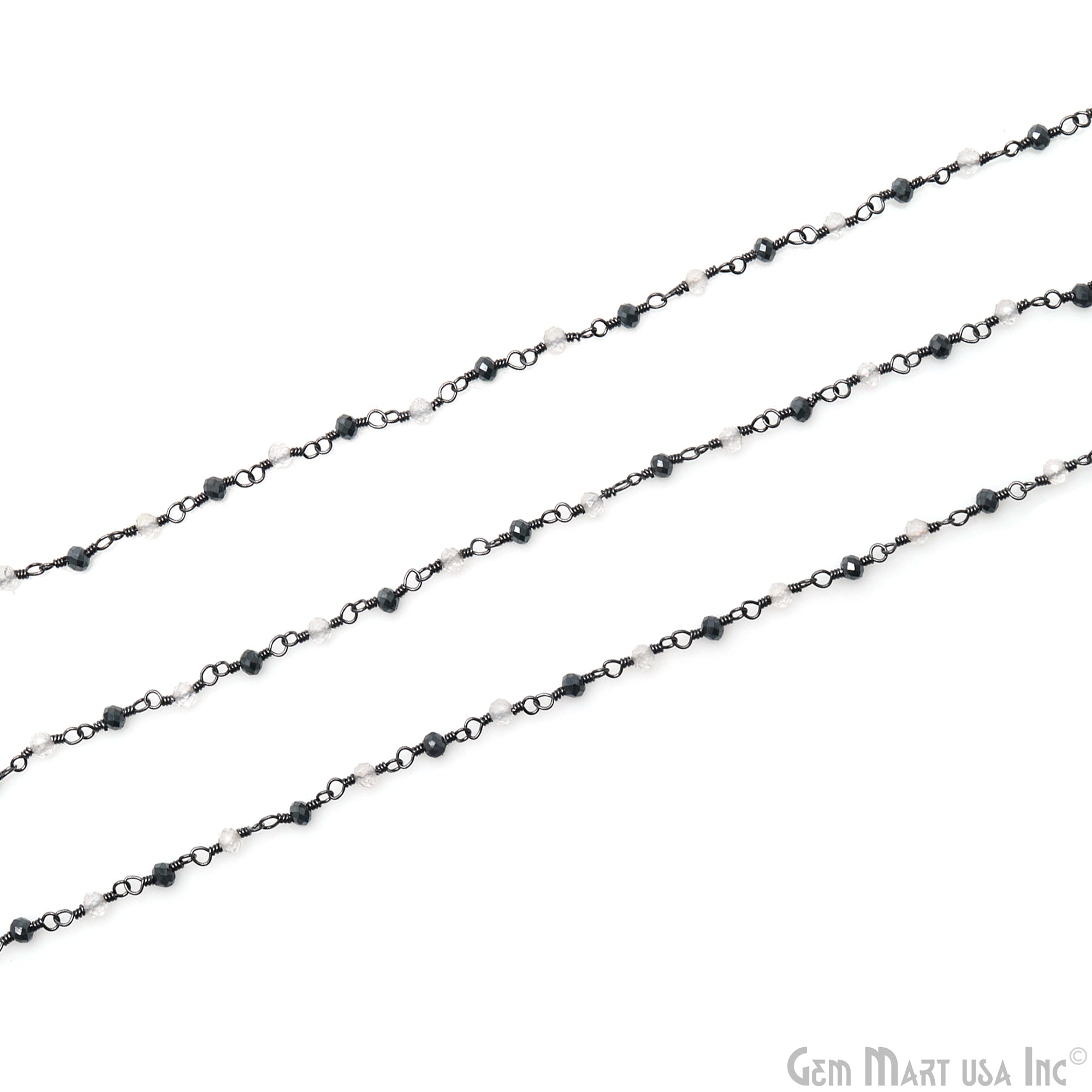 Black Pyrite & Crystal 2-2.5mm Oxidized Wire Wrapped Gemstone Beads Rosary Chain