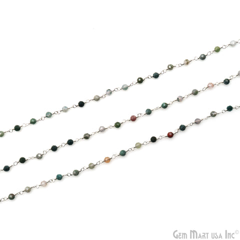 Indian Agate Jade Faceted 3-3.5mm Silver Plated Beaded Wire Wrapped Rosary Chain
