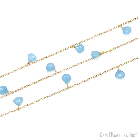 Sky Blue Chalcedony Heart 8mm Gold Wire Wrapped Dangle Rosary Chain