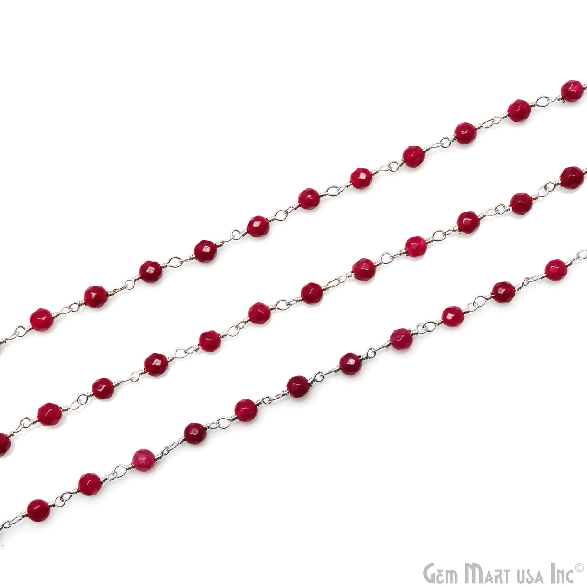 Ruby Chalcedony 4mm Faceted Beads Silver Wire Wrapped Rosary