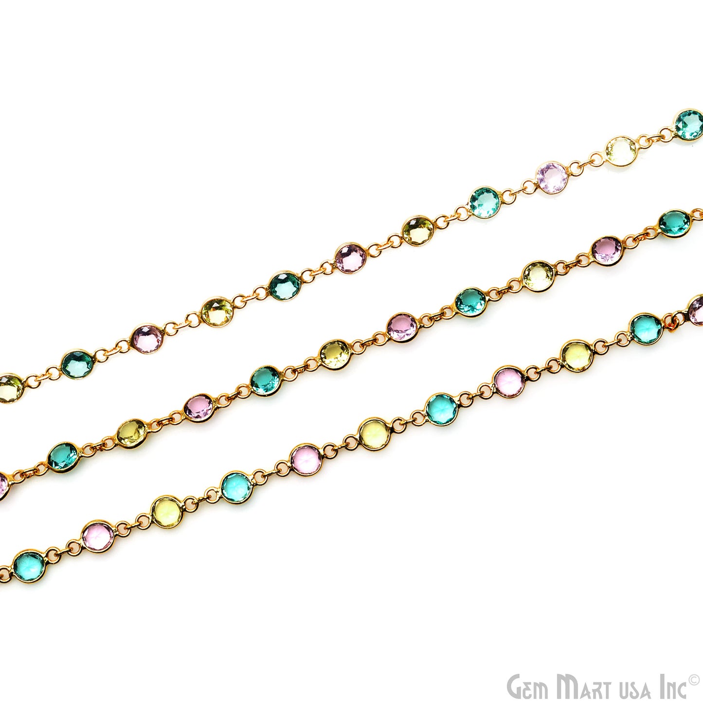 Multi Color Zircon 5mm Round Bezeled Gold Plated Continuous Connector Chain