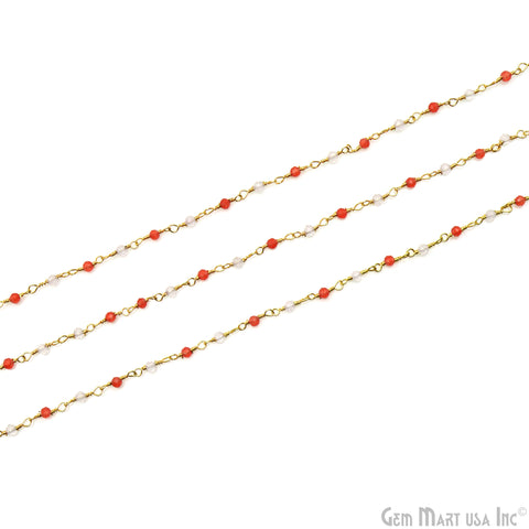 Carnelian & Crystal 3-3.5mm Faceted Beads Gold Wire Wrapped Rosary