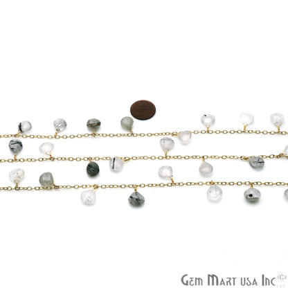 Rutilated Faceted Drop Beads Gold Wire Wrapped Dangle Rosary Chains - GemMartUSA