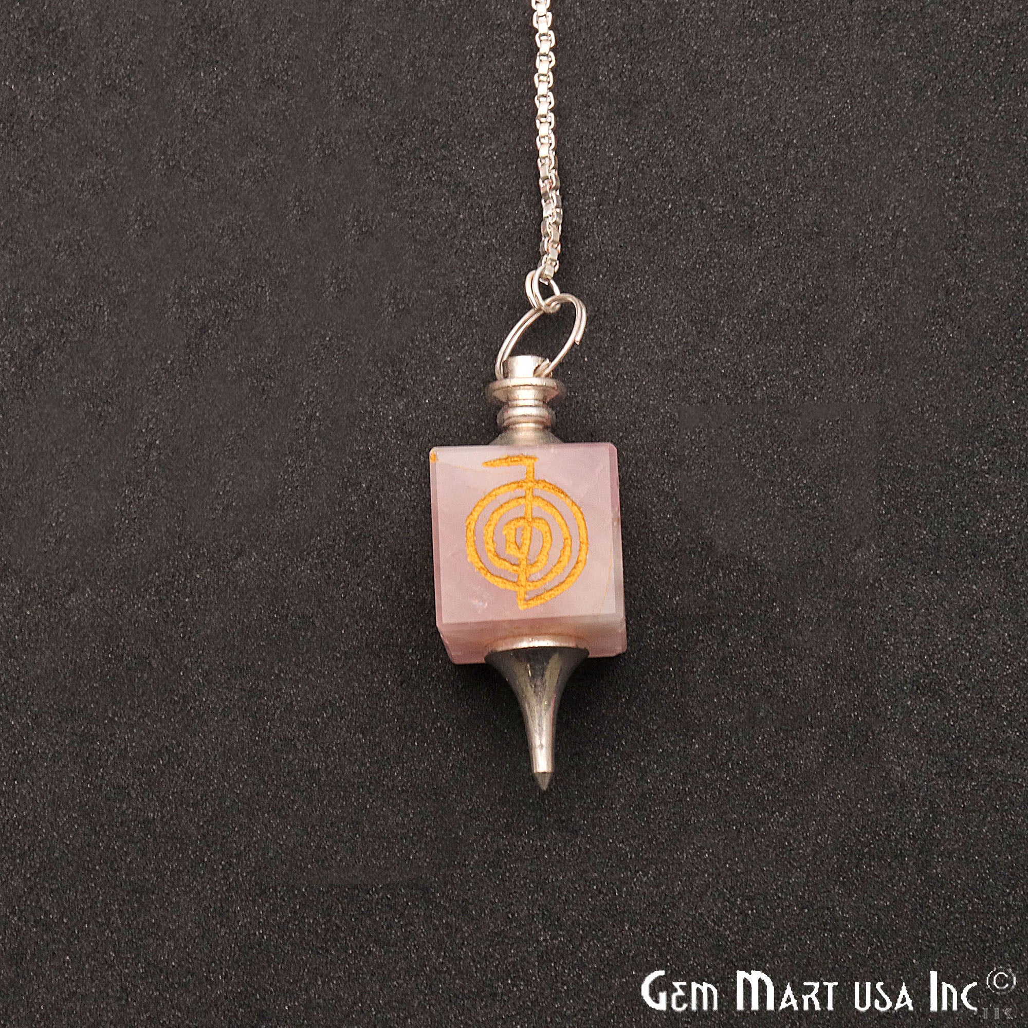 Rose Quartz Pendulum Pendant, Cube shaped Carved Gemstone, Silver Plated Chain, Dowsing Pendulum, Healing Reiki Stone 36X13MM - GemMartUSA