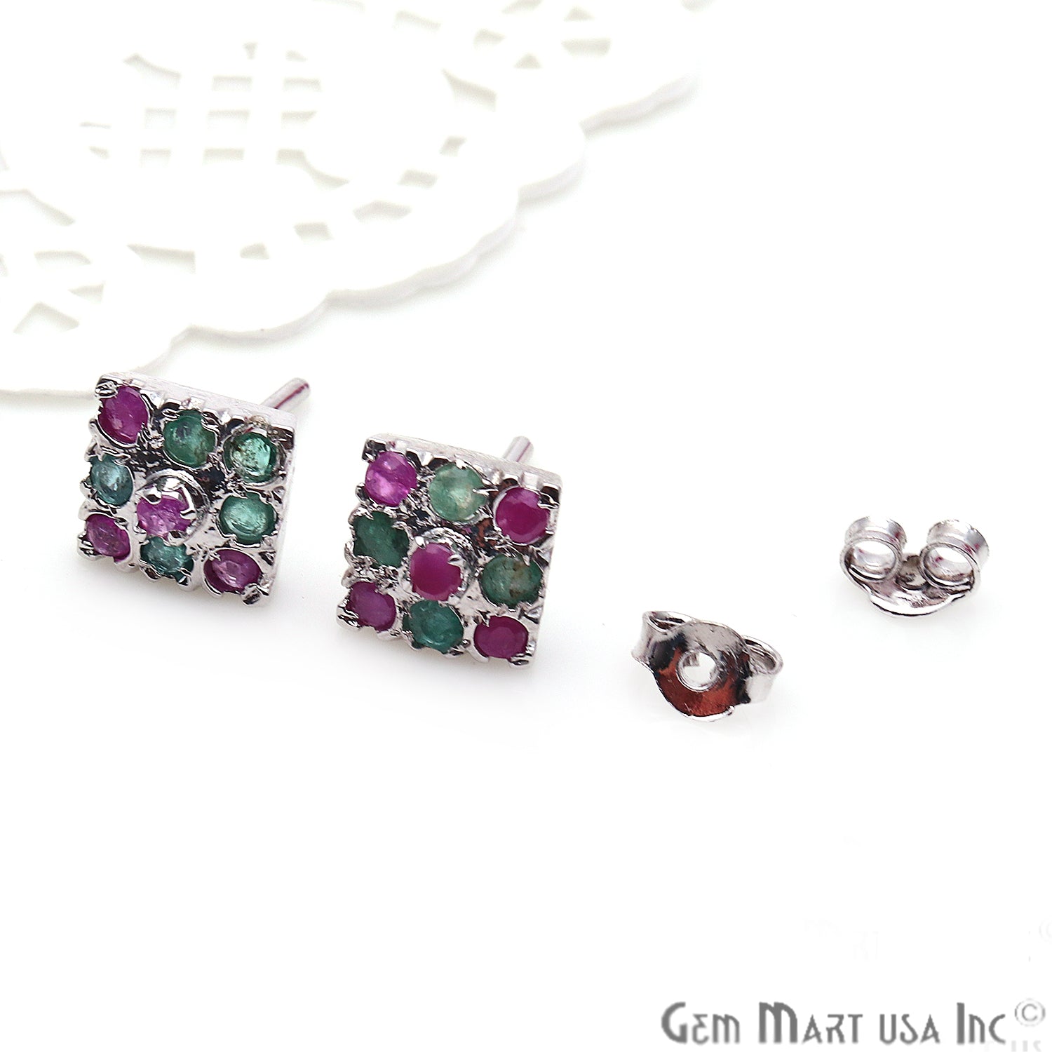 Emerald With Ruby 10mm Sterling Silver Square Shape Stud Earring - GemMartUSA