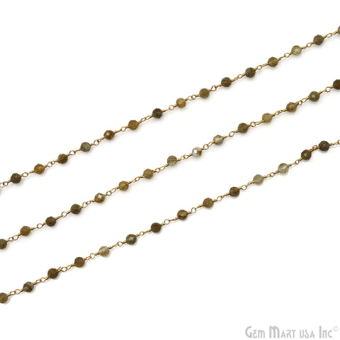 Yellow Labradorite Faceted 3-3.5mm Gold Plated Beaded Wire Wrapped Rosary Chain
