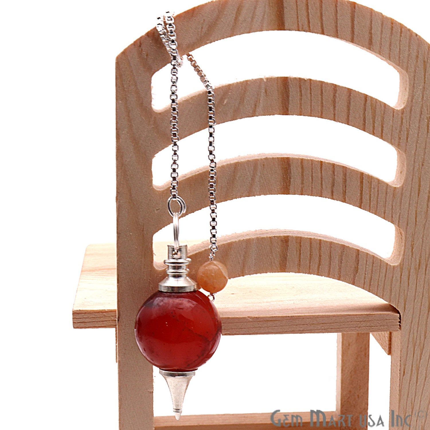 Healing Carnelian Sphere Radiesthesia Pendulam & Silver Plated Chain Golden Quartz Ball - GemMartUSA