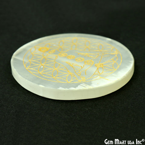 Selenite Round Plate Shape 83mm Engraved Chakra Symbols Reiki Healing Meditation Gemstones