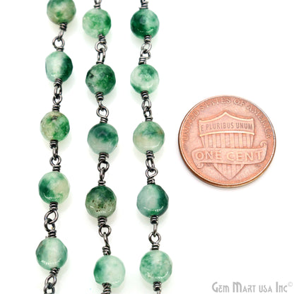 Emerald Jade Cabochon 6mm Beads Oxidized Wire Wrapped Rosary Chain