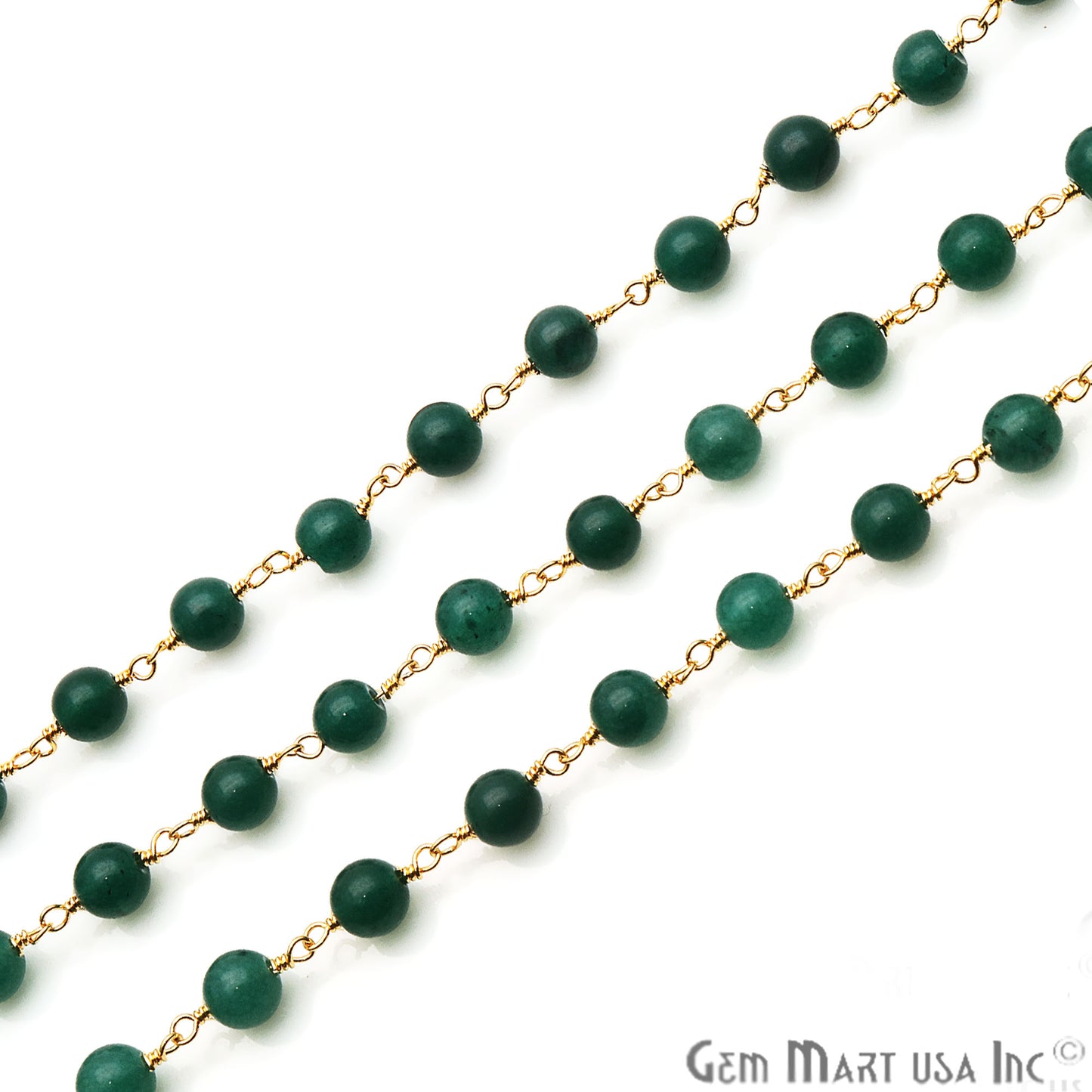 Green Jade Smooth Beads 6mm Gold Plated Wire Wrapped Rosary Chain - GemMartUSA