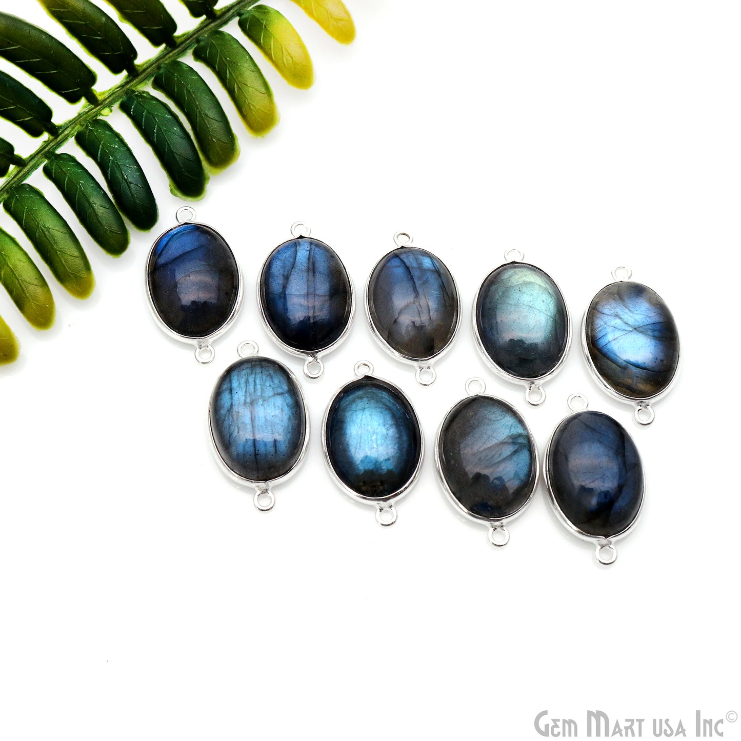 Flashy Labradorite Cabochon 13x18mm Oval Double Bail Silver Plated Gemstone Connector