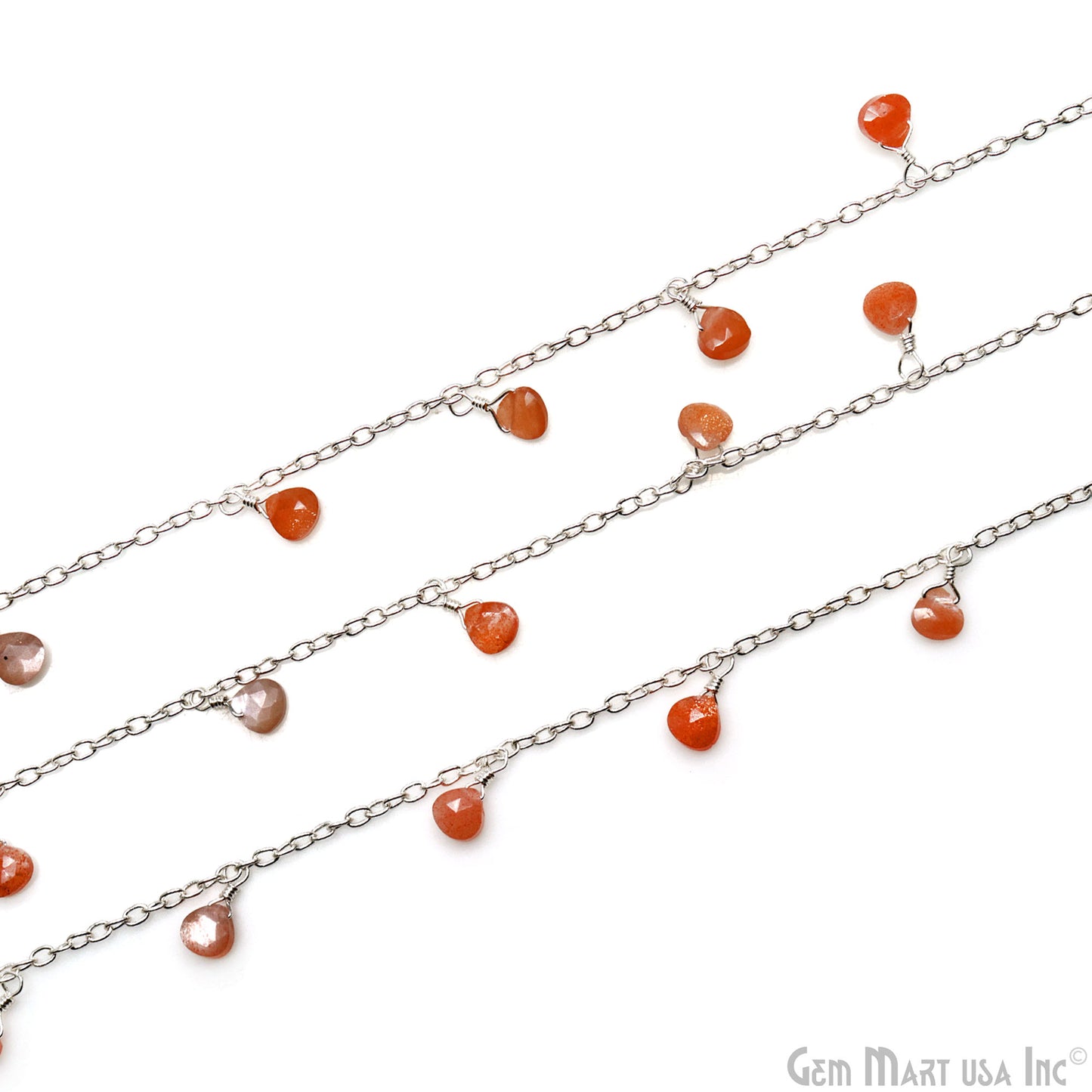 Peach Moonstone Heart 5mm Silver Wire Wrapped Dangle Rosary Chain