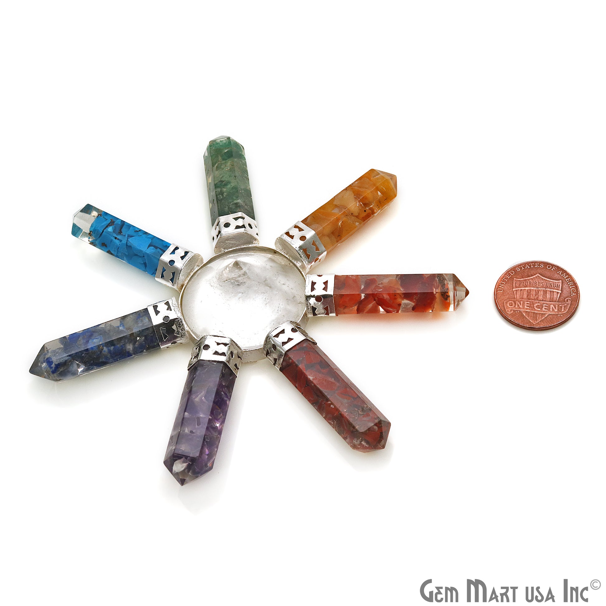 Crystal Pyramid, Seven Chakra pencil pendants, Silver Plated Filigree, Seven Chakra Stones, Home Decor, Healing Crystals 3INCH - GemMartUSA