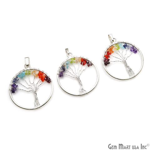 7 Chakra Tree Of Life 52x47mm Silver Wire Wrapped Round Shape Pendant