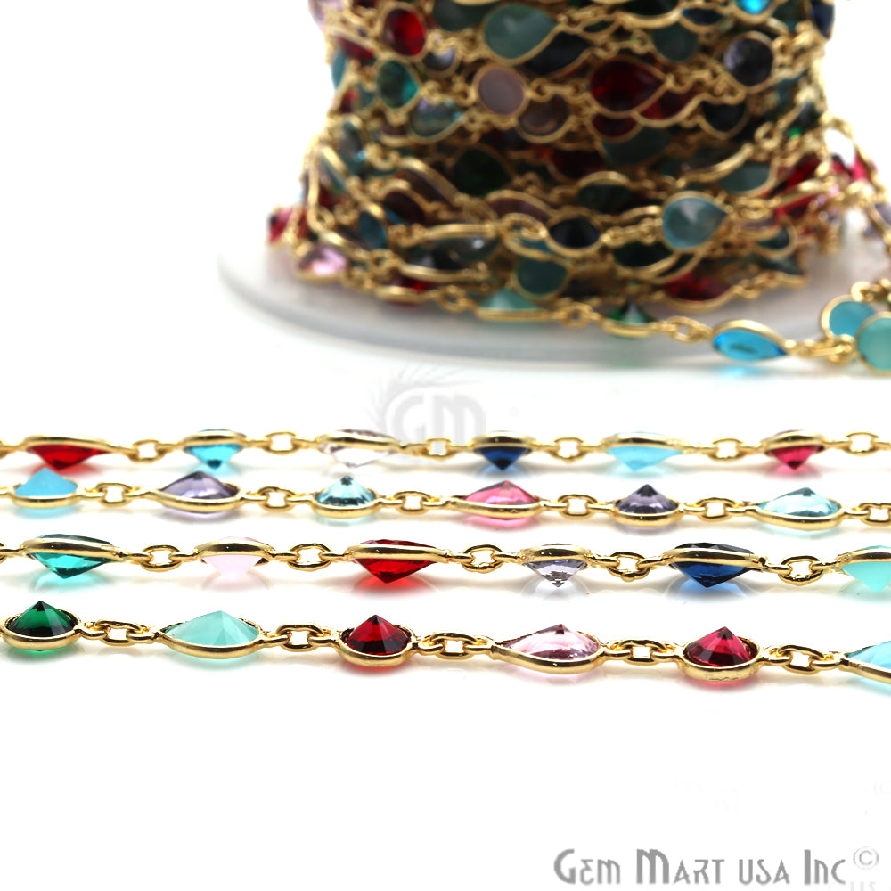 Multi Stone Gold Plated Round 6mm & Pears 6x8mm Bezel Continuous Connector Chain - GemMartUSA