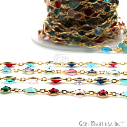 Multi Stone Gold Plated Round 6mm & Pears 6x8mm Bezel Continuous Connector Chain - GemMartUSA