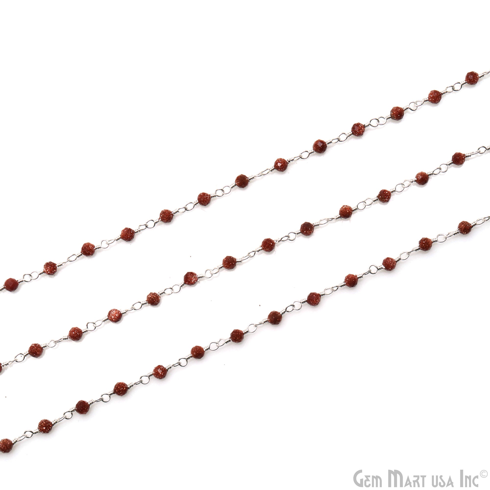 Synthetic Sunstone Faceted 3-3.5mm Silver Plated Beaded Wire Wrapped Rosary Chain