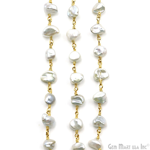 Gray Pearl Free Form Faceted Beads 7-8mm Gold Plated Gemstone Rosary Chain