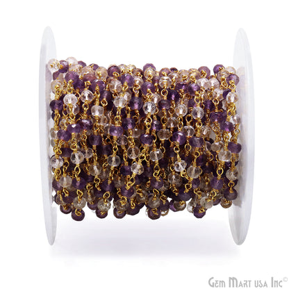 Amethyst & Crystal Faceted Beads 4mm Gold Wire Wrapped Rosary Chain