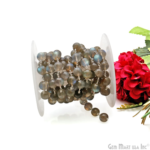 Labradorite Cabochon 9-10mm Silver Wire Wrapped Rosary Chain