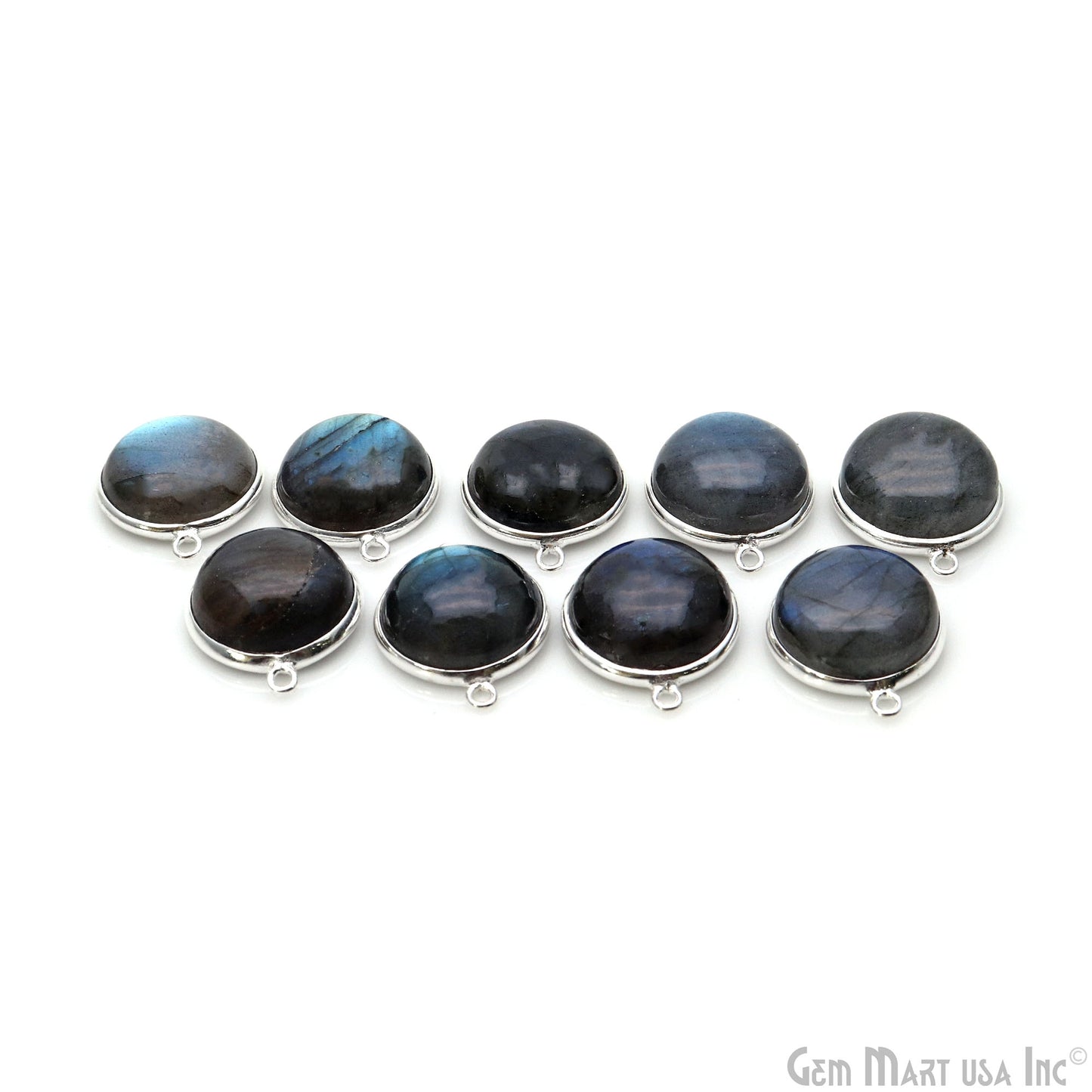 Flashy Labradorite Cabochon 16mm Round Double Bail Silver Plated Gemstone Connector