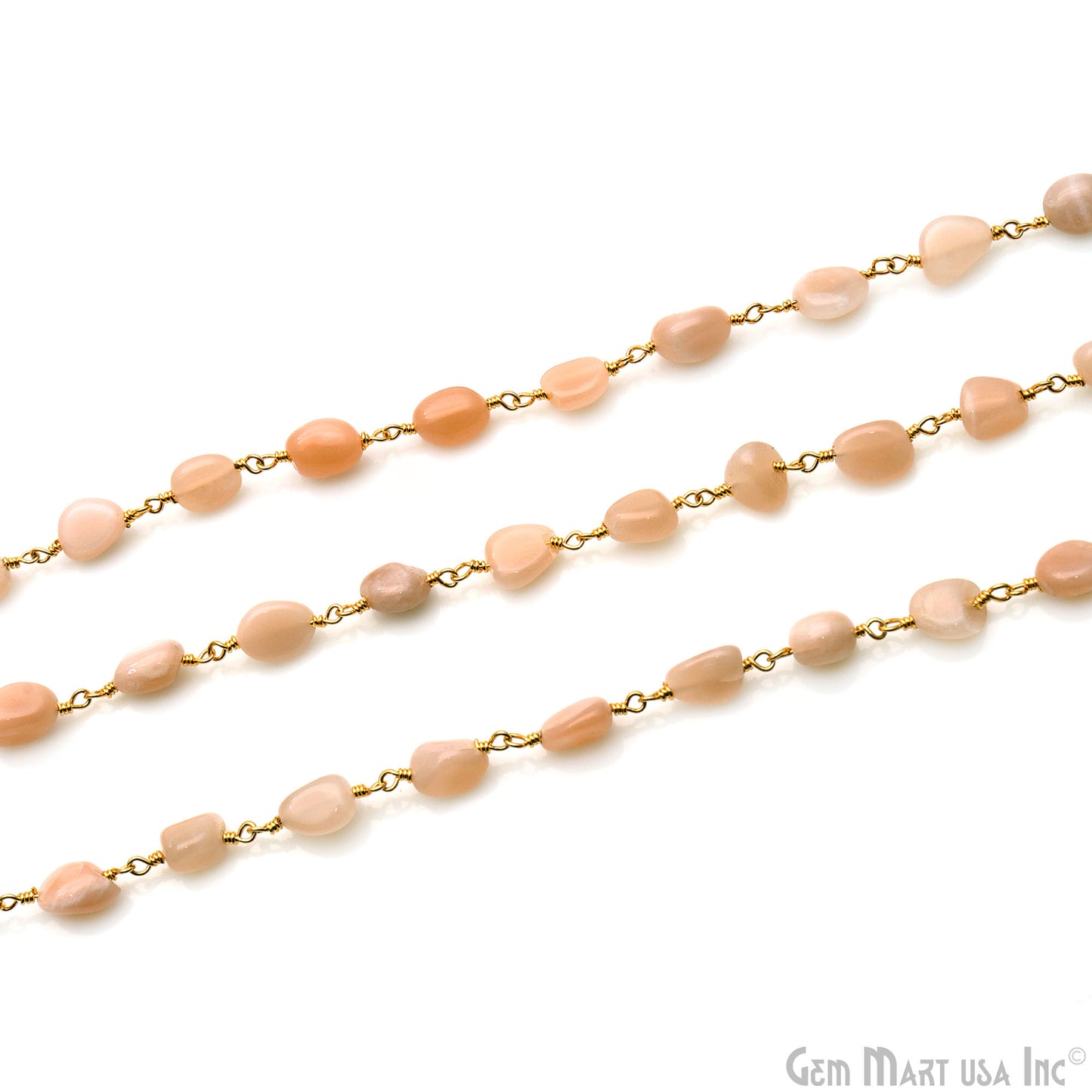 Peach Moonstone 8x5mm Tumble Beads Gold Plated Rosary Chain