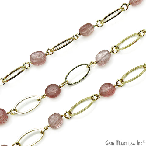 Strawberry Quartz With Gold Plated Oval Finding Rosary Chain - GemMartUSA