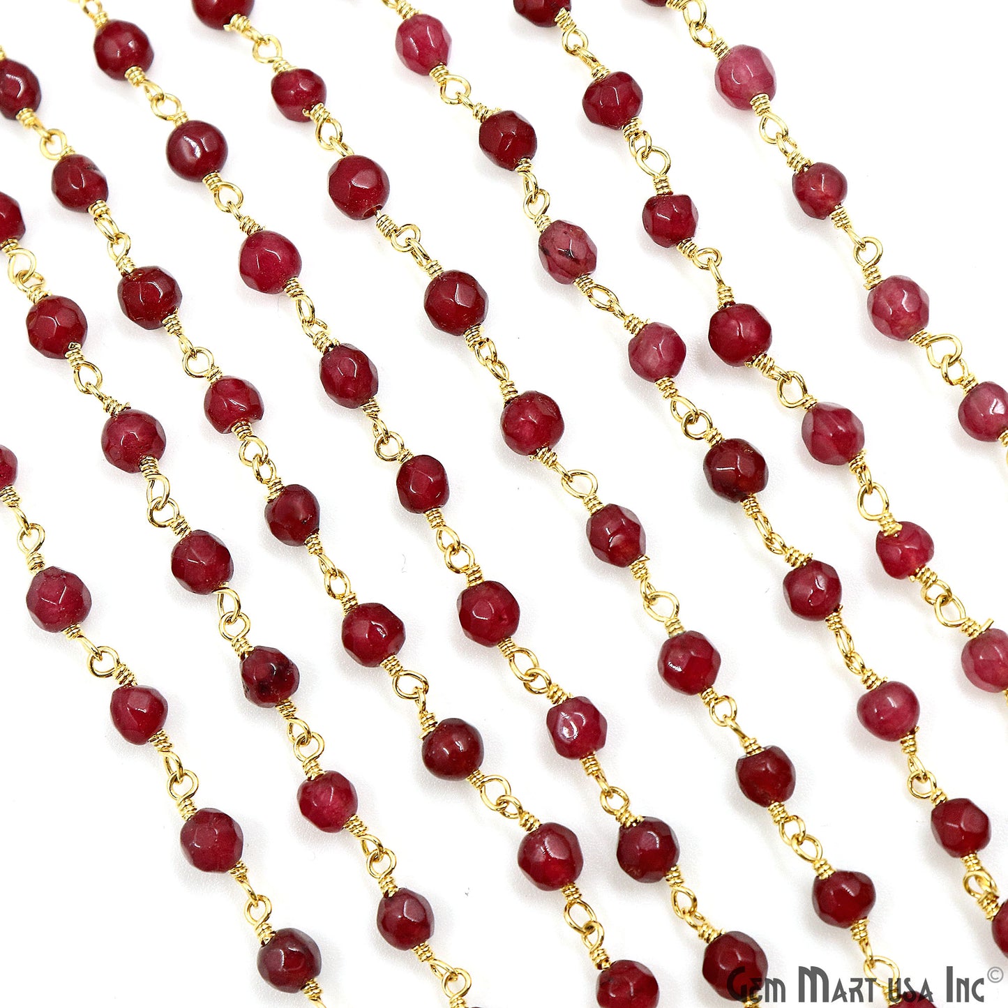 Dark Cherry Jade Beads 4mm Gold Plated Wire Wrapped Rosary Chain