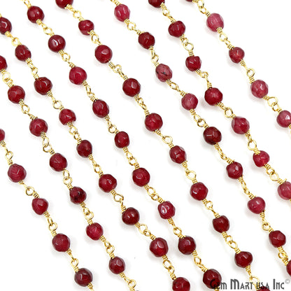 Dark Cherry Jade Beads 4mm Gold Plated Wire Wrapped Rosary Chain