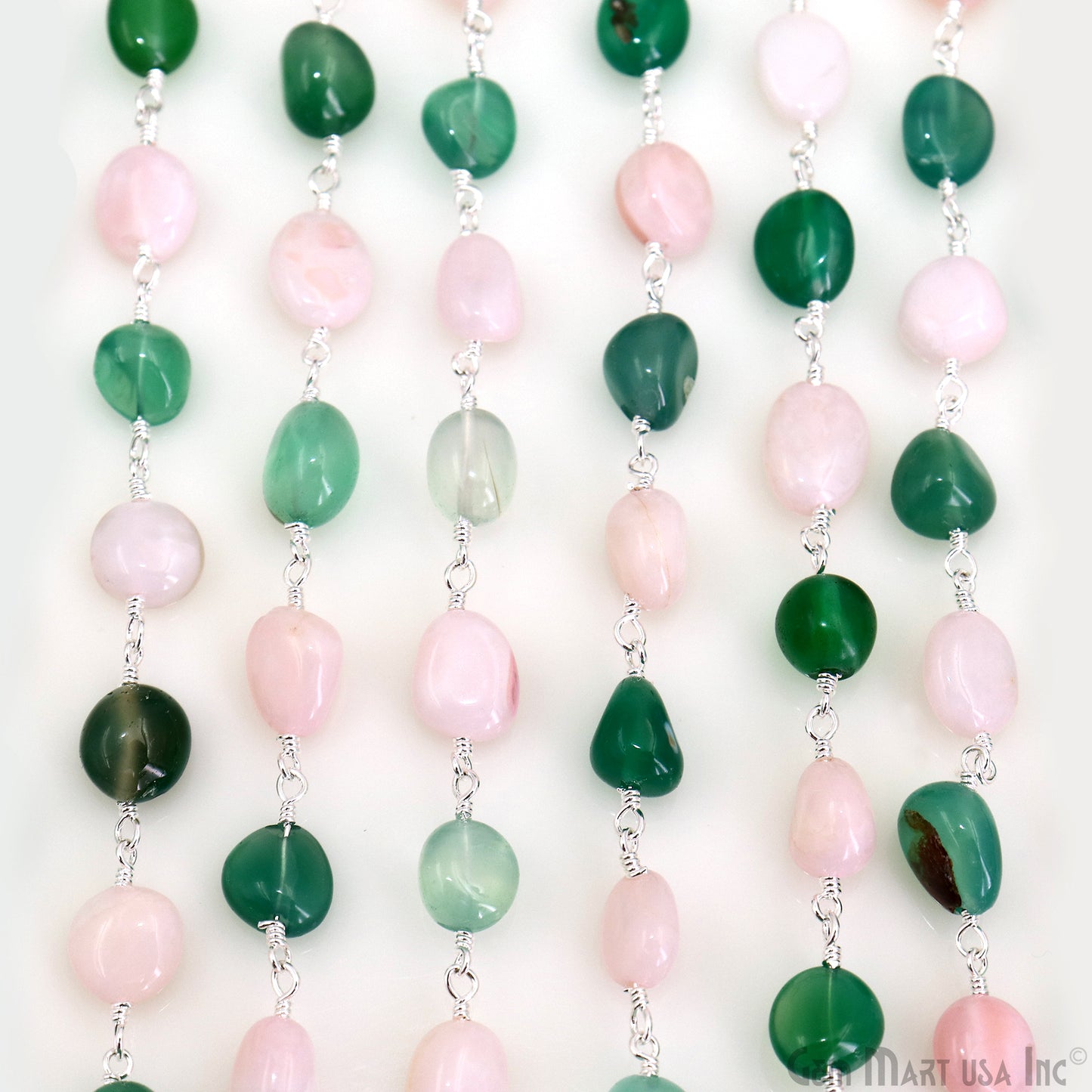 Shaded Green Onyx & Pink Opal 8x5mm Tumble Beads Silver Plated Rosary Chain