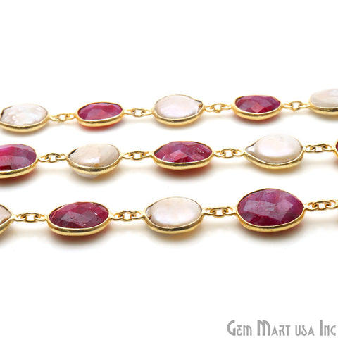 Ruby Coin And Pearl Round Beads 10-15mm Gold Plated Continuous Connector Chain - GemMartUSA