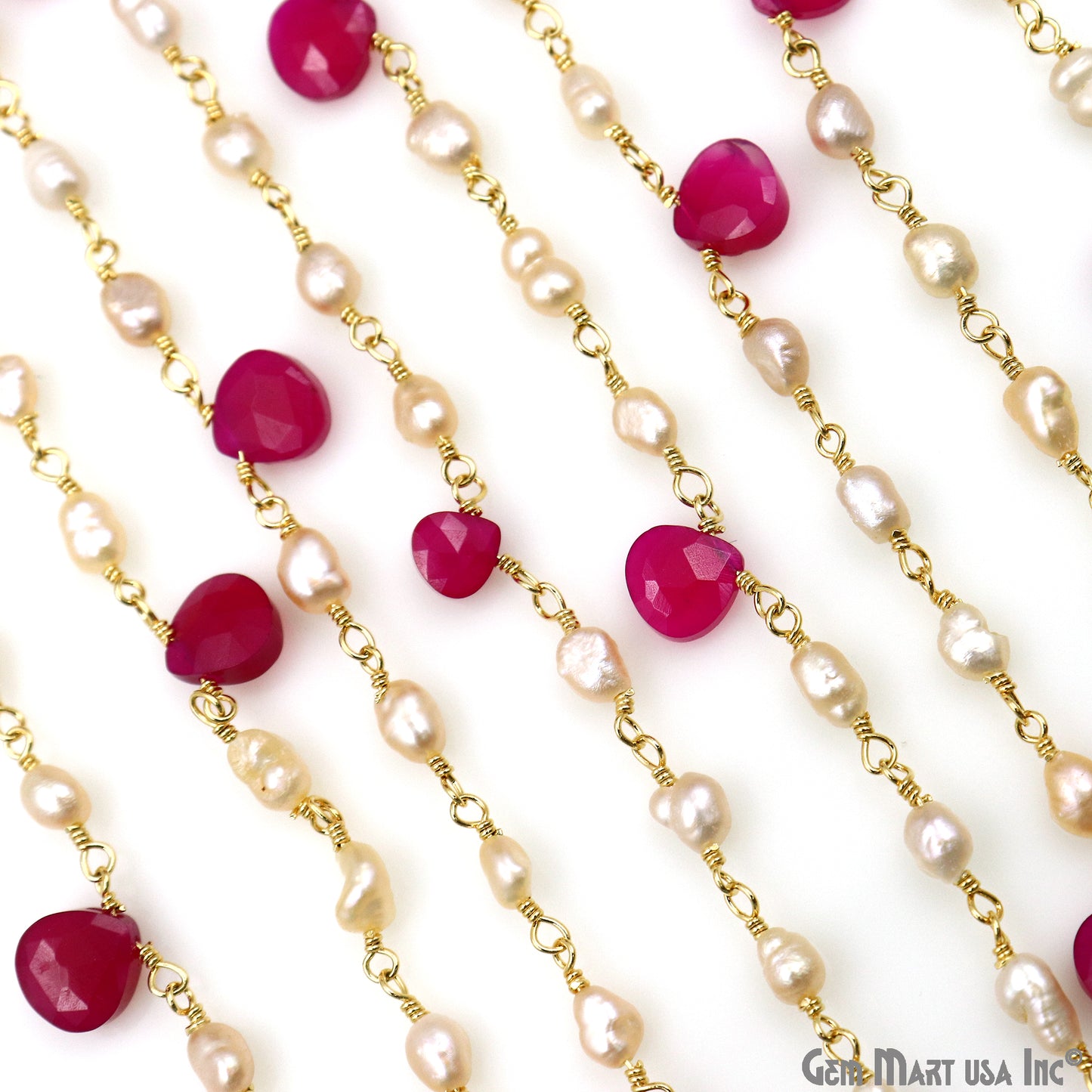 Pearl And Hot Pink Chalcedony Faceted Beads Gold Wire Wrapped Beads Rosary Chain