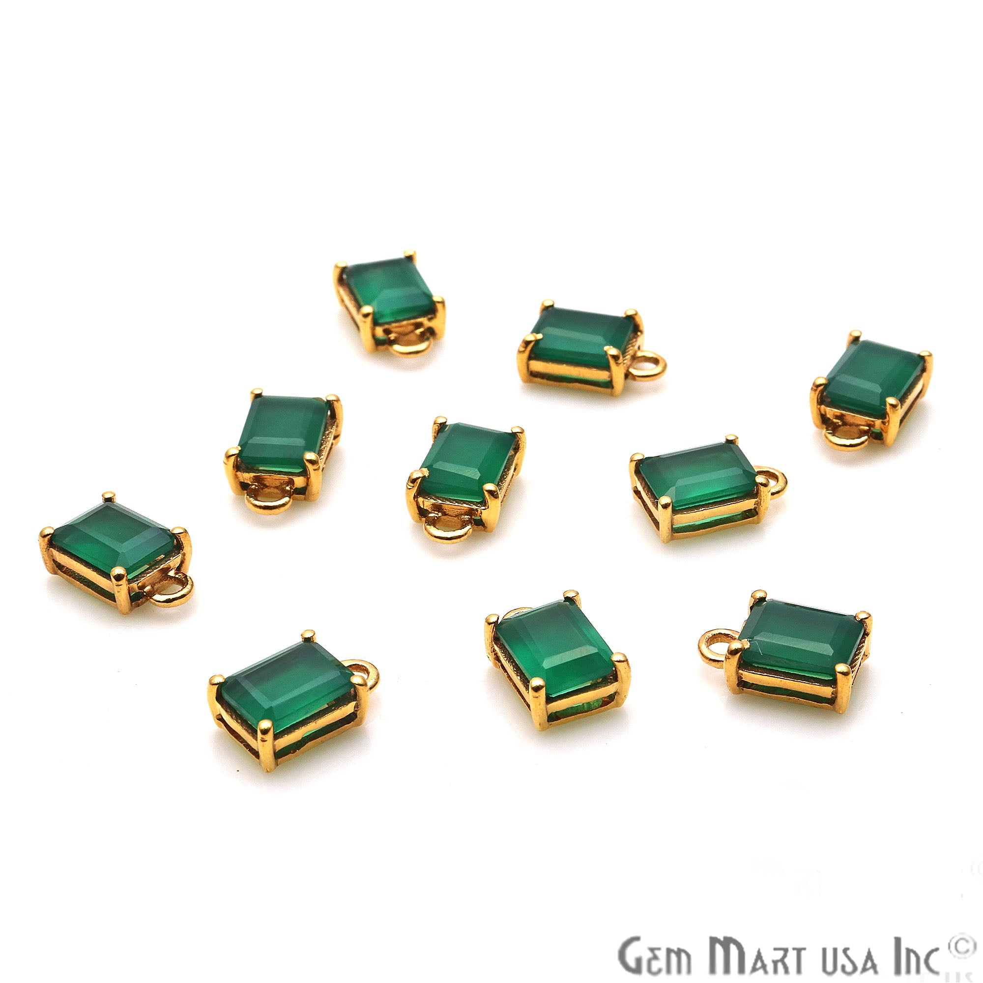 Green Onyx 6x8mm RectAngel Gold Plated Prong Setting Gemstone Connector (Pick Bail) - GemMartUSA