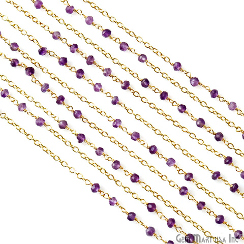 Amethyst Faceted Beads 3-3.5mm Gold Plated Wire Wrapped Rosary Chain