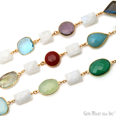 Rainbow Moonstone Octagone 10-15mm With Multi Stone Gold Plated Bezel Chain