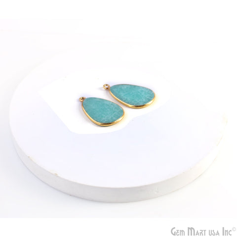 Amazonite Pear Gold Plated Single Bail Bezel Smooth Slab Slice Thick Gemstone Connector 28x16mm 1 Pair