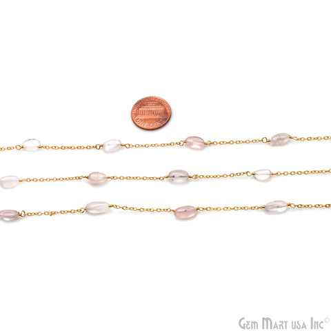 Rose Quartz Tumble Beads 10x6mm Gold Wire Wrapped Rosary Chain