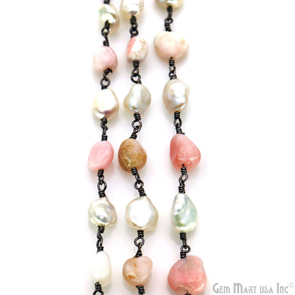 Pink Opal Tumble Beads 8x5mm & Pearl 5-6mm Beads Oxidized Rosary Chain