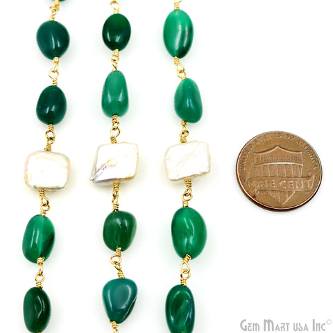 Green Onyx & Pearl Tumble Beads Gold Plated Rosary Chain