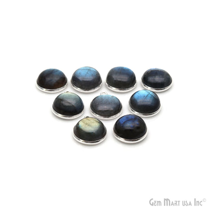 Flashy Labradorite Cabochon 13mm Round Single Bail Silver Plated Gemstone Connector