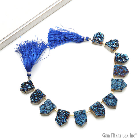 Blue Druzy Pentagon Beads, 8 Inch Gemstone Strands, Drilled Strung Briolette Beads, Pentagon Shape, 17X12mm