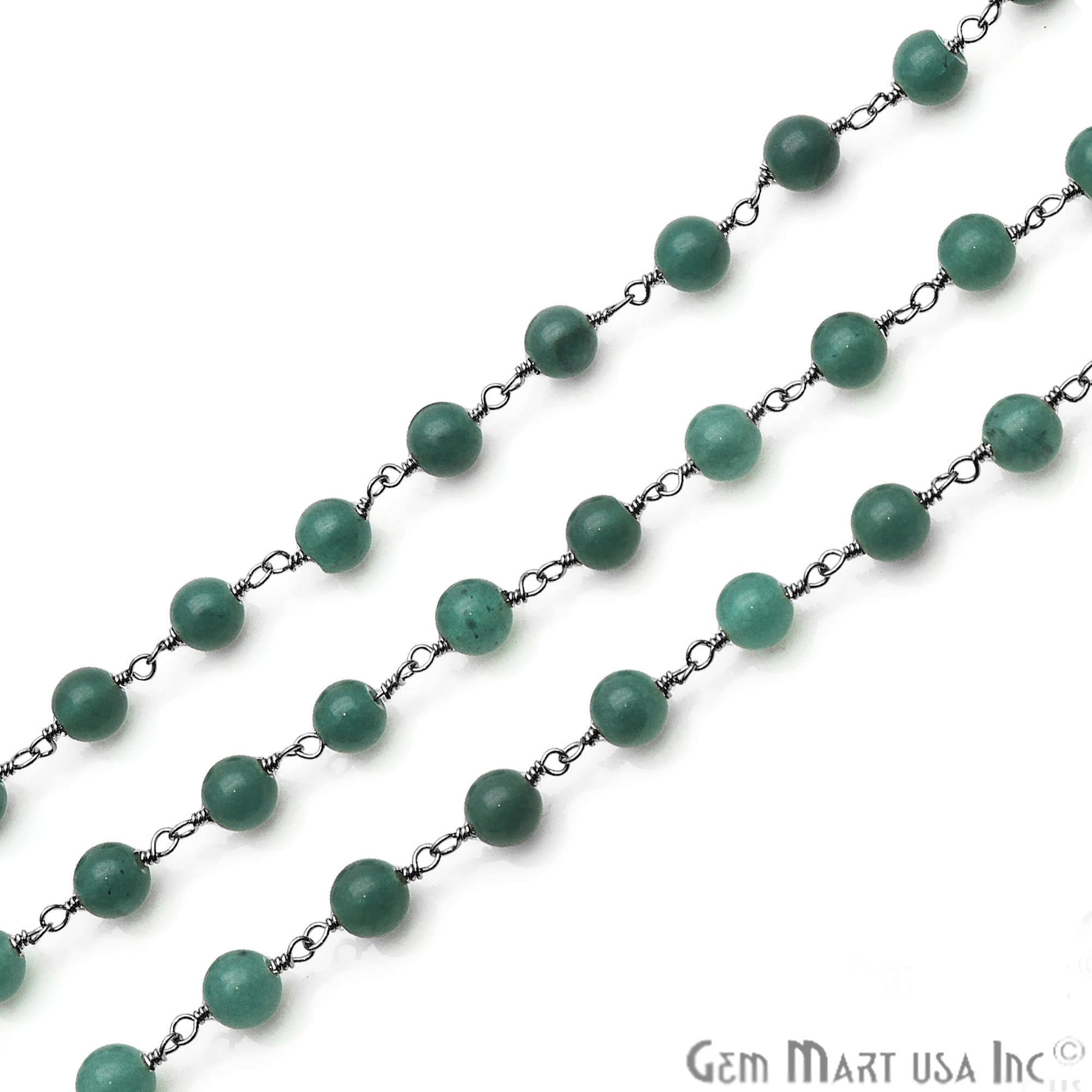 Green Jade Smooth Beads 6mm Oxidized Wire Wrapped Rosary Chain - GemMartUSA