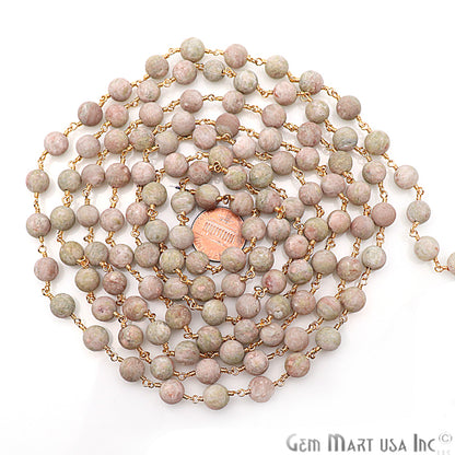 Unakite Frosted Gold Plated Wire Wrap Round Bead Jewelry Making Rosary Chain