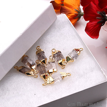 Rough Herkimer Diamond Gemstone 25x8mm Organic Gold Edged Double Bail Connector Charm - GemMartUSA