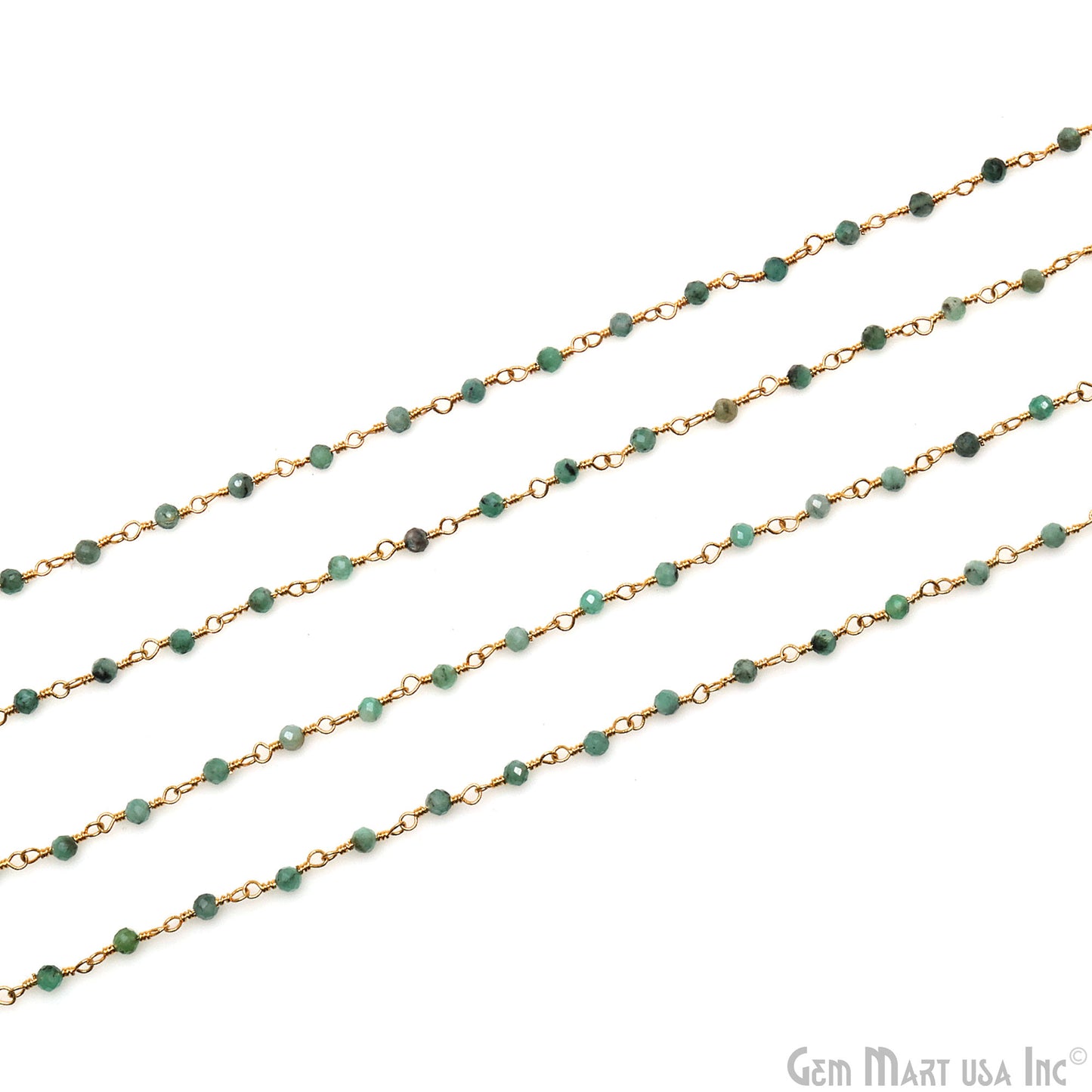 Emerald Faceted 2-2.5mm Tiny Beads Gold Plated Wire Wrapped Rosary Chain