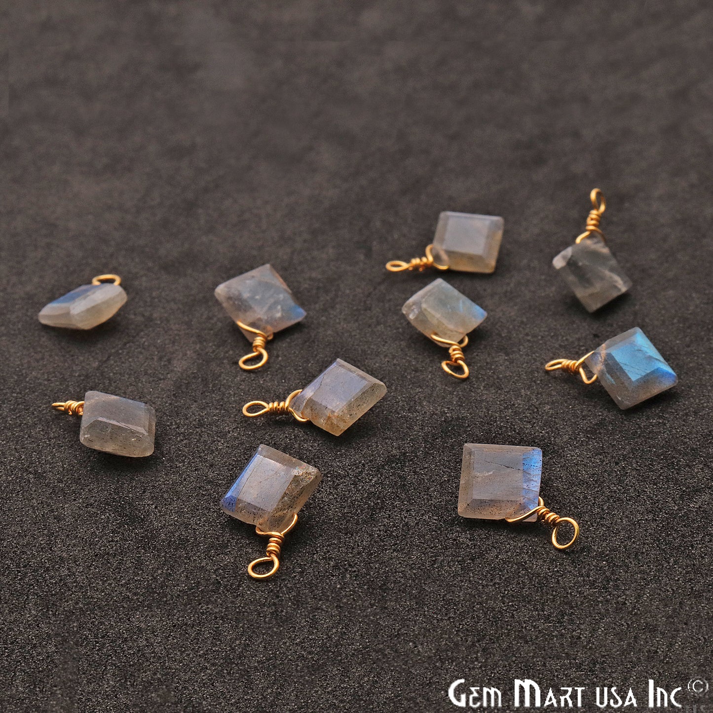 Labradorite 7mm Square Single Bail Gold Wire Wrapped Gemstone Connector - GemMartUSA