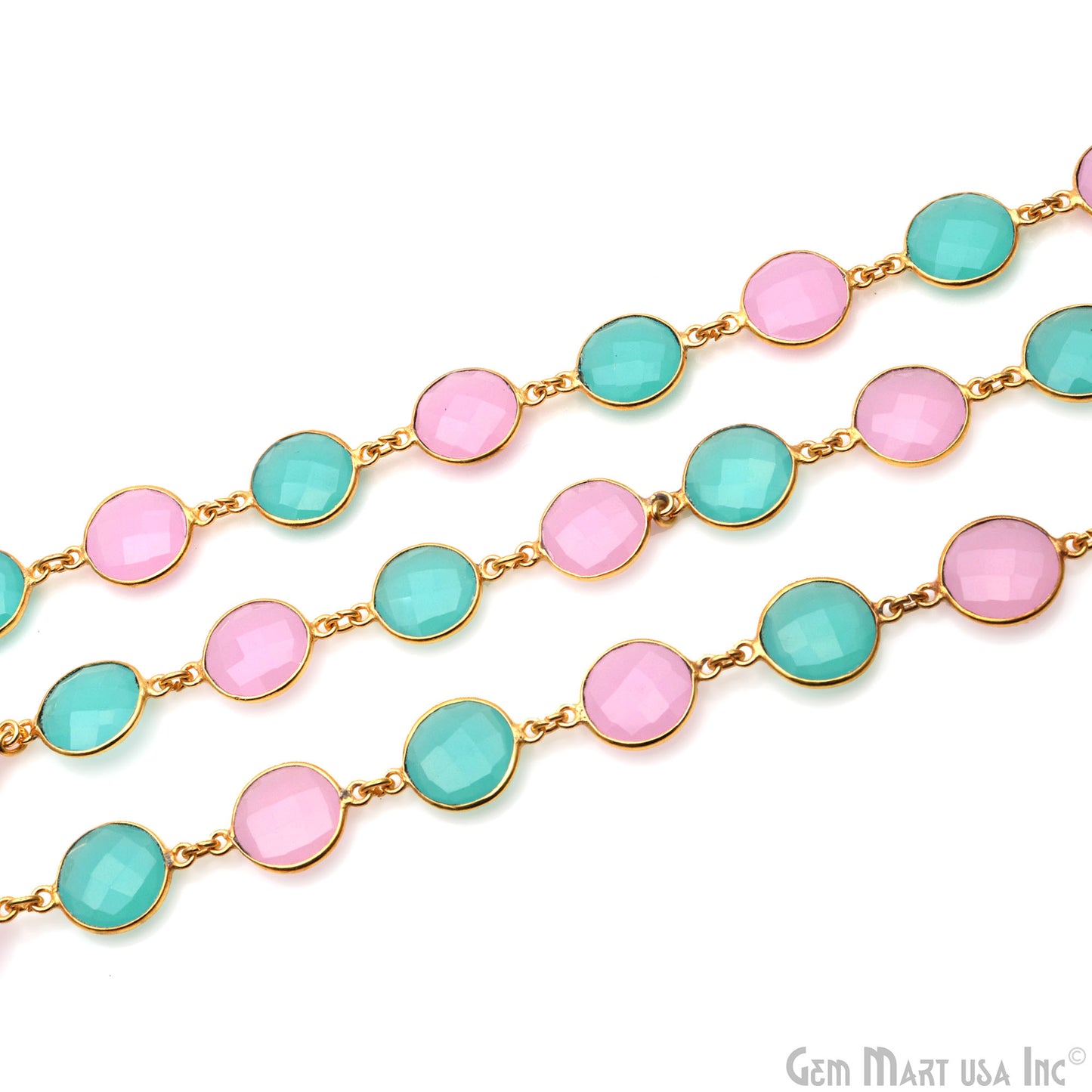 Rose With Aqua Chalcedony Round 12mm Gold Plated Continuous Connector Chain